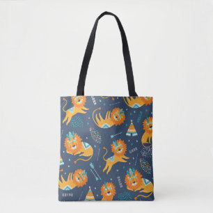 Bolsa Tote Cartoon de Leões Tribais Padrão Invisível