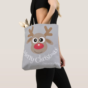 Bolsa Tote Cartoon de Natal Bonito Reindeer Cinza Saco