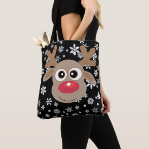 Bolsa Tote Cartoon de Natal Bonito Reindeer Snowflakes Preto