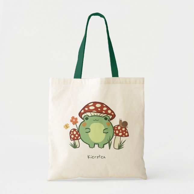 Bolsa Tote Cartoon de Sapo e Cogumelos | Nome (Frente)