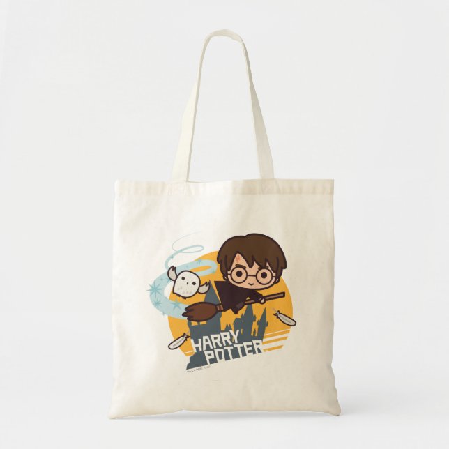 Bolsa Tote Cartoon Harry e Hedwig voando no passado Hogwarts (Frente)