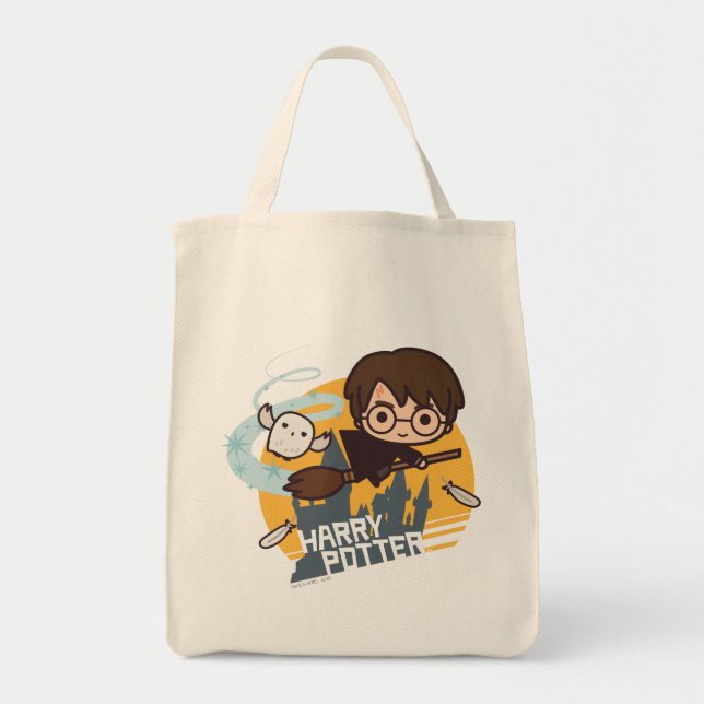 Bolsa Tote Cartoon Harry e Hedwig voando no passado Hogwarts (Frente)