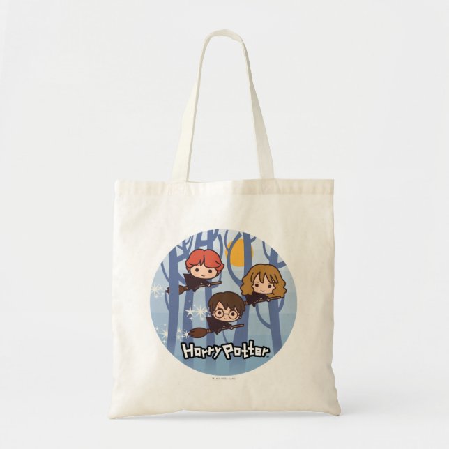 Bolsa Tote Cartoon Harry, Ron, & Hermione Flying In Woods (Frente)