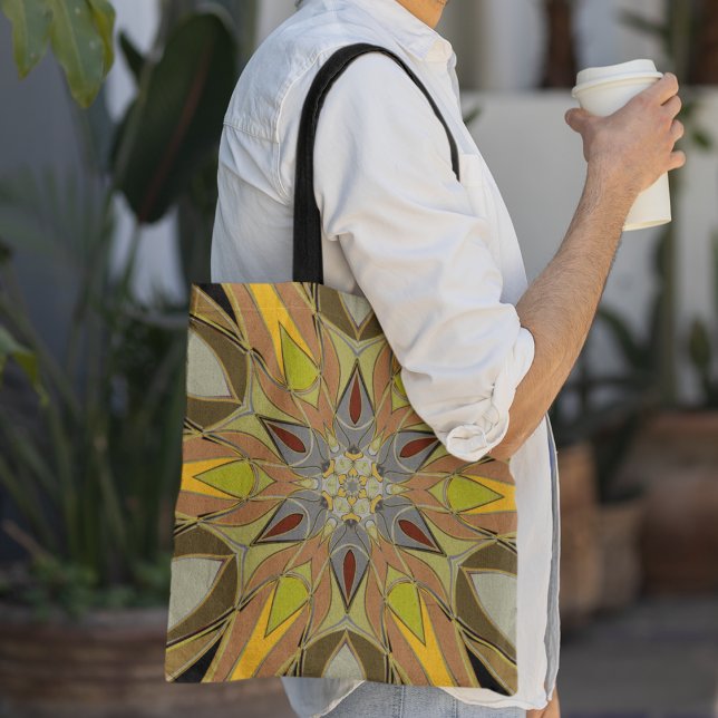 Bolsa Tote Cartoon Mandala Flor Amarelo Cinza Vermelho (Criador carregado)