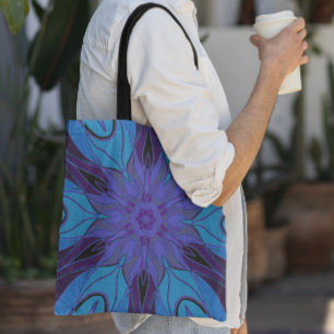 Bolsa Tote Cartoon Mandala Flor Azul e Púrpura