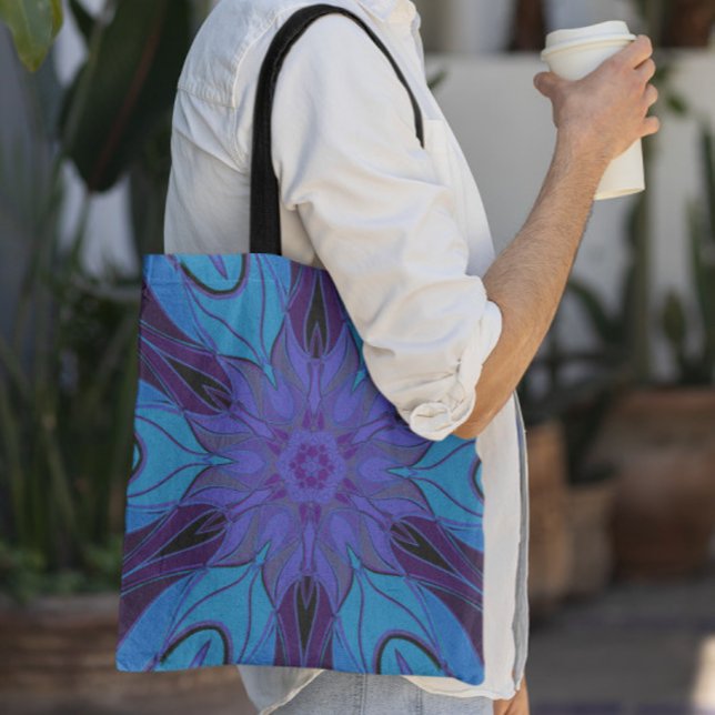 Bolsa Tote Cartoon Mandala Flor Azul e Púrpura (Criador carregado)
