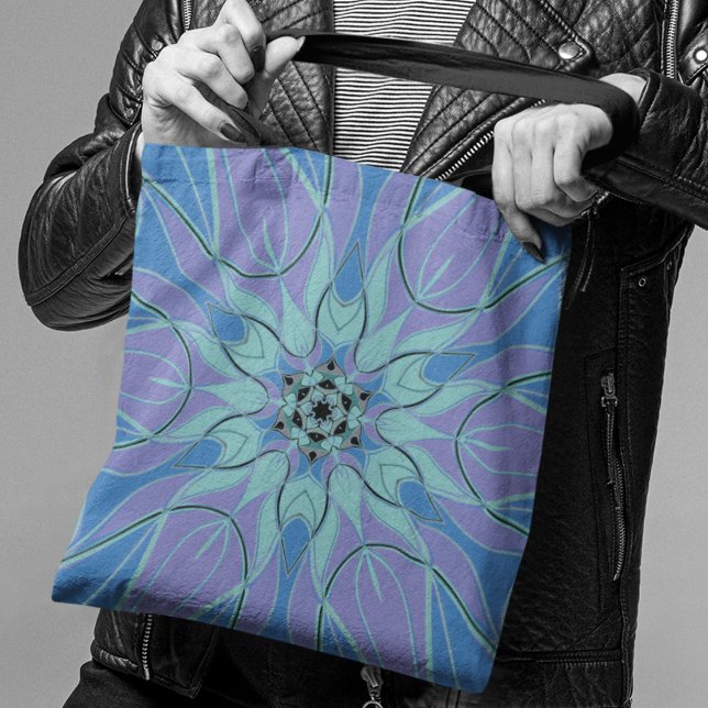 Bolsa Tote Cartoon Mandala Flor Azul e Púrpura (Criador carregado)