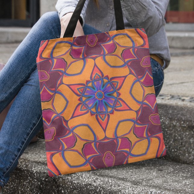Bolsa Tote Cartoon Mandala Flor Laranja Roxo e Azul (Criador carregado)