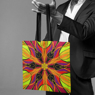 Bolsa Tote Cartoon Mandala Flor Laranja Roxo e Vermelho