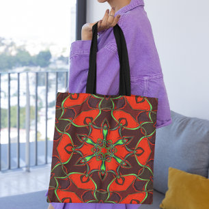Bolsa Tote Cartoon Mandala Flor Vermelho e Teal