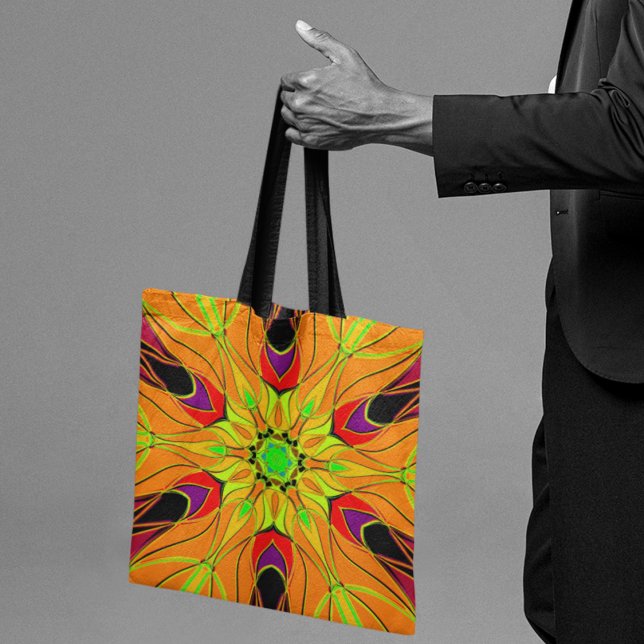Bolsa Tote Cartoon Mandala Flower Orange Green and Red (Criador carregado)