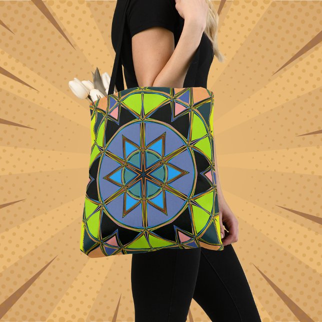 Bolsa Tote Cartoon Mandala Verde Azul e Laranja (Criador carregado)