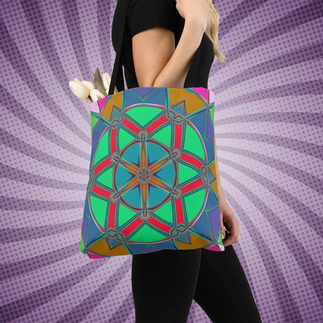 Bolsa Tote Cartoon Mandala Verde Vermelho e Azul (Criador carregado)