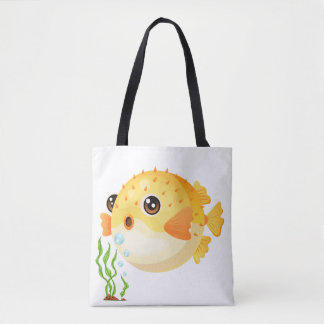 Bolsa Tote Cartoon Pufferfish com algas marinhas