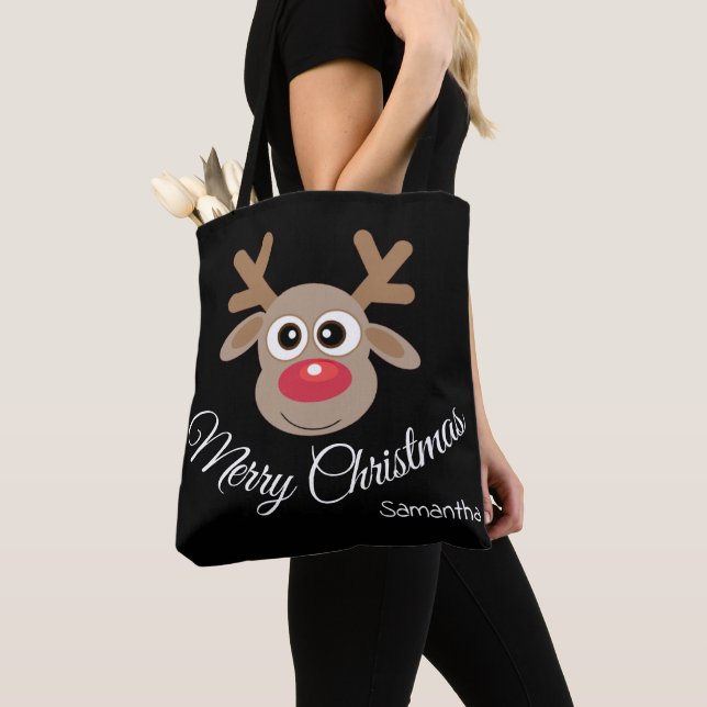 Bolsa Tote Cartoon Reindeer Preto de Brincadeira de Natal (Close Up)
