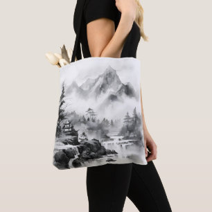 Bolsa Tote Casa Asiática na Pintura de Tinta nas Montanhas