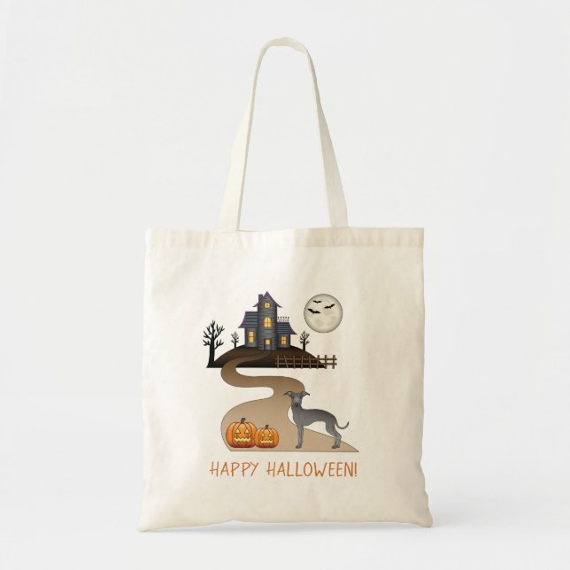 Bolsa Tote Casa Assombrada de Halloween e Greyhound Italiano  (Frente)