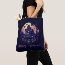 Bolsa Tote Casa Assombrada Gótica Roxa Feliz Halloween