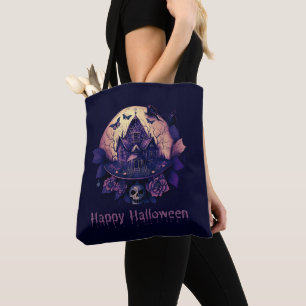 Bolsa Tote Casa Assombrada Gótica Roxa Feliz Halloween