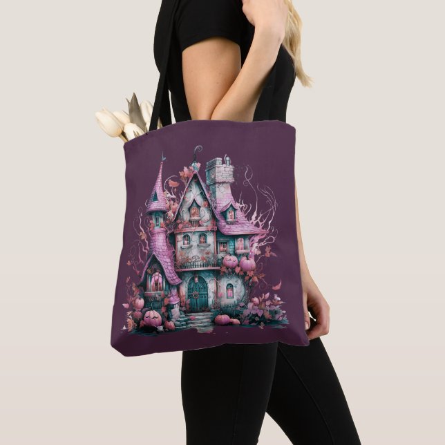 Bolsa Tote Casa Assombrada Rosa e Cinza Halloween (Close Up)
