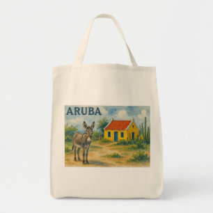 Bolsa Tote Casa cunucu amarela de Aruba com burro aquarela