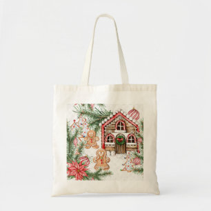 Bolsa Tote Casa de cana-de-açúcar, pão de gengibre, poinsetti