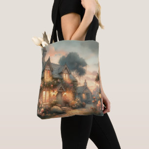 Bolsa Tote Casa de Contos de Fadas ao Pôr do Sol com Rosas