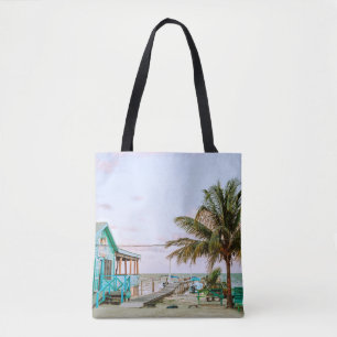 BOLSA TOTE CASA DE MADEIRA AZUL PERTO DO CORPO DE ÁGUA