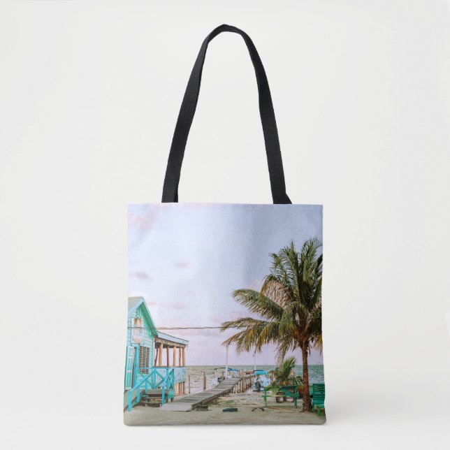 BOLSA TOTE CASA DE MADEIRA AZUL PERTO DO CORPO DE ÁGUA (Frente)
