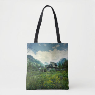 Bolsa Tote Casa de madeira, paisagem natural de montanha.