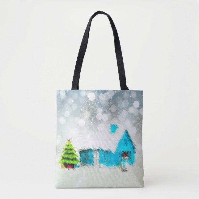Bolsa Tote Casa de Neve de Árvore de Natal Personalizada (Frente)