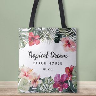 Bolsa Tote Casa de Praia Botânica Floral Tropical Aquarela