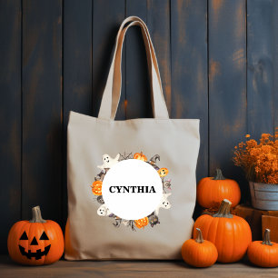 Bolsa Tote Casaco Ghost Bat Gato de Halloween, Watercolor