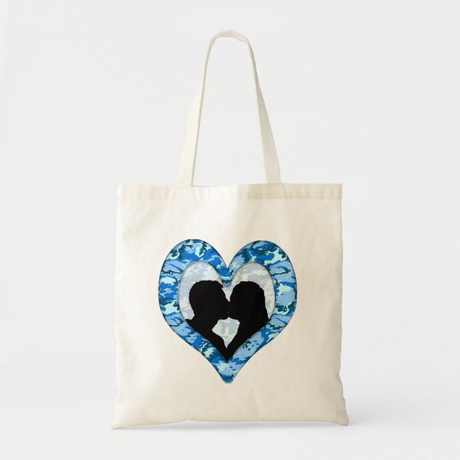 Bolsa Tote Casal de beijos da Camuflagem Azul do Céu Floresta (Frente)