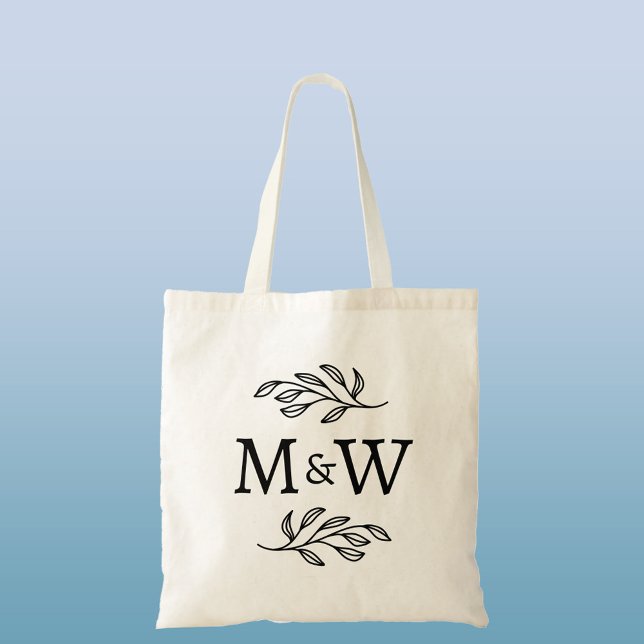 Bolsa Tote Casal de Casamento Monograma Botânico Elegante (Wedding couple monogram initials personalized botanical leaf sprig welcome or favor budget tote bag)