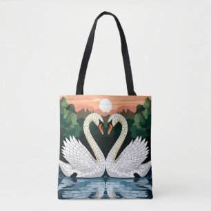 Bolsa Tote Casal de Cisnes em Mosaico Formando Forma de Coraç