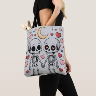 Bolsa Tote Casal de Esqueletos Fofos: Gráfico de Amor Assusta