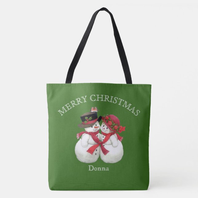 Bolsa Tote Casal de Snowman, Feliz Natal (Frente)
