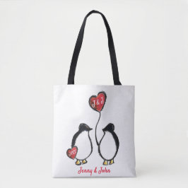 Bolsa Tote Casamento/aniversário de pinguins e corações