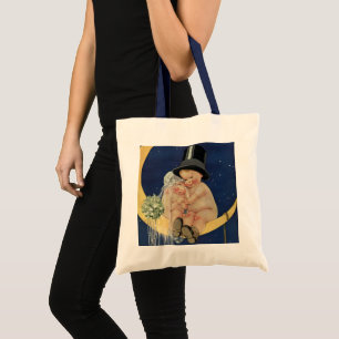 Bolsa Tote Casamento Antigo, Noiva e Noivo Fofo em uma Lua