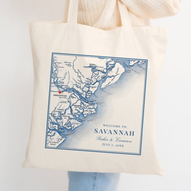 Bolsa Tote Casamento Azul do Mapa Elegante do Marinho Savanna (Elegant Savannah Georgia Custom Wedding Tote Bag with personalized navy blue map)