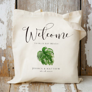 Bolsa Tote Casamento Bem-Vindo Watercolor Monstera Leaf Tropi