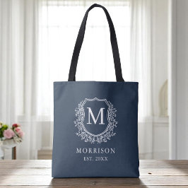 Bolsa Tote Casamento Botânico de Marinho Azul Crest Monograma