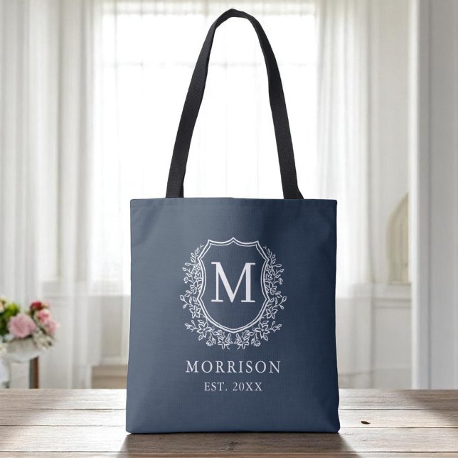 Bolsa Tote Casamento Botânico de Marinho Azul Crest Monograma (Criador carregado)
