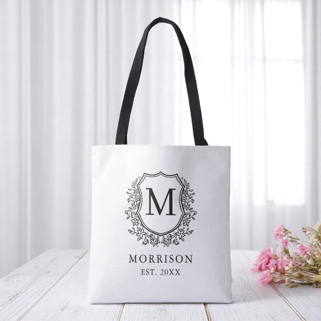 Bolsa Tote Casamento Botânico de Pé Negra Branca Monograma (Criador carregado)