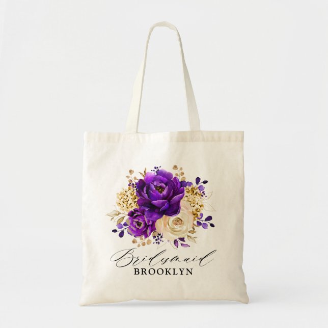Bolsa Tote Casamento Botânico Dourado Violeta Roxo Real (Frente)