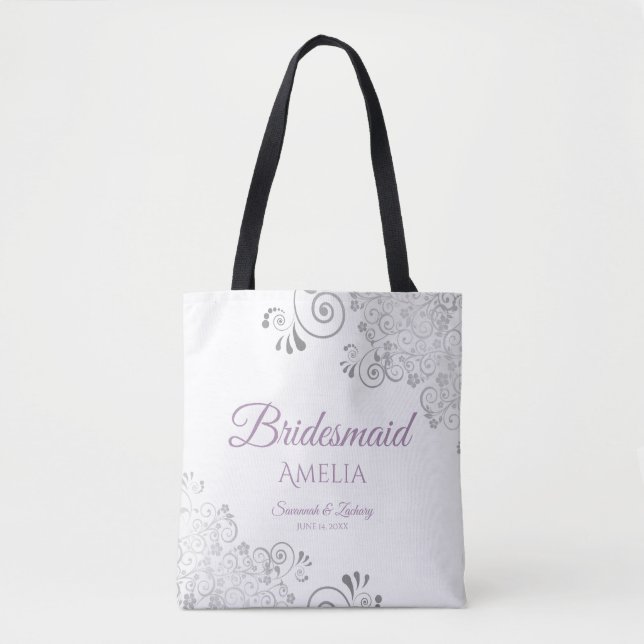Bolsa Tote Casamento Branco da Frente de Prata e Lavanda (Frente)