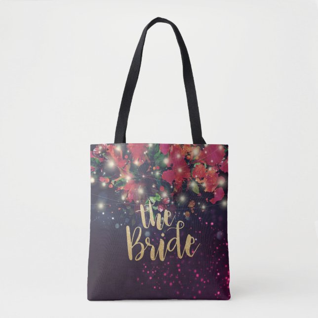 Bolsa Tote Casamento Brides Borgonha Vermelha Floral Luzes (Frente)