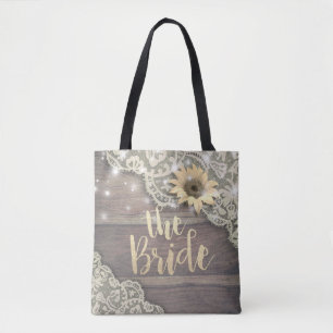 Bolsa Tote Casamento Brides Lace Sunflower Rustic Wood Lights