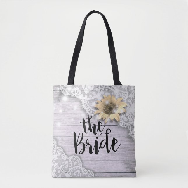 Bolsa Tote Casamento Brides Lace Sunflower Rustic Wood Lights (Frente)